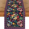 Detailed view of Day of the Dead table runner with sugar skull and floral prints - Dark Purple Boho Skull (YW258-16)