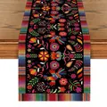 Macro detail of Mexican Bohemian linen table runner with vibrant floral and bird patterns - Style 21