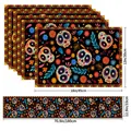 Halloween Tischläufer und Platzsets Set mit mexikanischem Totenkopf und Größenmaßen - 5 Stk. (1 Tischläufer + 4 Platzsets) / Skelett Musiker Stil (Stil 1) / Stil 1