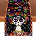 Festlicher Tischläufer zum Tag der Toten mit buntem Zuckerschädel- und Blumenmuster - 183cmx33cm / Catrina Mädchen Und Ringelblume Stil (Style 15)