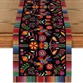 Detailed view of Mexican Day of the Dead table runner with floral bird patterns - Black Base Hummingbird Floral Style (23)