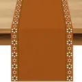 Close-up of Bohemian linen table runner with rust orange center and floral edges. - Style 19