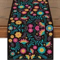 Mexican floral table runner with colorful Otomi-style folk art on black background - Mexican Style Floral Print (WSJZQ-5) / 180x35cm