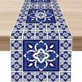 Detailed macro view of Mexican Bohemian style table runner with intricate blue tile patterns - Style 17