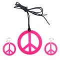 Set gioielli hippie con segno di pace rosa neon, collana e orecchini per festa - Set / Set Segno della Pace Rosa 1 (HH001761E-1)