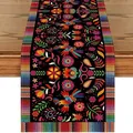 Detailed Mexican Day of the Dead table runner with vibrant floral and bird patterns. - Black Rainbow Stripe Floral (YW258-18)