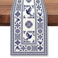 Detail view of Bohemian Mexican style linen table runner with blue bird print - Style 20