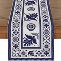 Detailed view of the blue and white Talavera bird and flower pattern on a linen table runner - White Base Deep Blue Traditional Tile Style (25)