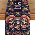 Detail of Day of the Dead table runner featuring guitar-playing skeletons and flowers - Purple Skeleton Musician (YW258-19)