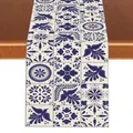 Close-up of Mexican Bohemian linen table runner with blue floral and bird print pattern. - Style 14