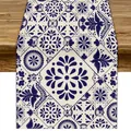 Detailed macro view of Mexican Bohemian blue and white floral linen print on table runner - Style 13