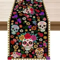 Festlicher Tischläufer zum Tag der Toten mit bunten Zuckerschädeln und Blumenmustern - 183cmx33cm / Schwarz Geometrisch Zickzack Ringelblume Stil (Style 17)