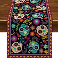 Bunter Tischläufer zum Tag der Toten mit Zuckerschädel- und Ringelblumenmustern - 183cmx33cm / Marinebasis Bunter Zuckerschädel Stil (Style 18)