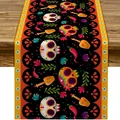 Camino de mesa mexicano Día de los Muertos con calaveras de azúcar y flores detalles impresos - Style-17 (Black Chili & Instrument Skull)