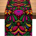 Colorful Mexican Day of the Dead floral print table runner on a natural wooden surface - Colorful Folk Floral (YW258-22)