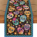 Detailed texture of Day of the Dead linen table runner with colorful sugar skull pattern - 183x33cm / Dark Multicolor Skull (Style 9)