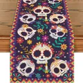 Close-up detail of Day of the Dead table runner featuring vibrant sugar skull and flower prints. - Purple Painted Skull Floral (YW258-23)