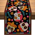 Close-up of a Day of the Dead table runner with vibrant sugar skull and floral patterns. - Black Background Painted Skull & Sombrero Style (Style 38) / 183x33cm