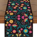 Close-up detail of Mexican Day of the Dead floral linen table runner with vibrant pattern. - 183x33cm / Black Highlight Floral (Style 15)