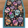 Tischläufer zum Tag der Toten mit bunten Zuckerschädeln und Ringelblumenmuster für den Esstisch - 183cmx33cm / Schwarze Basis Grüner Wellenrand Stil (Style 20)
