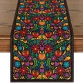 Mexican Otomi style floral table runner decoration on dark wood surface for table - Black Folk Art Floral (YW258-27)
