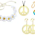 Set accessori hippie con fascia di margherite bianche e gioielli segno della pace oro - Set da 4 pezzi / Set da 4 Pezzi Segno della Pace (HH001761F-3)