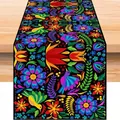 Colorful Mexican Otomi style floral bird print linen table runner on wooden desk - Black Base Multicolor Bird Floral Style (6)