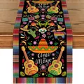Detailed view of Mexican Cinco de Mayo table runner with colorful skull and guitar patterns - Festive Party Decor Print (YW258-28)
