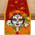Farbenfroher Tischläufer zum Tag der Toten mit Ringelblumen und Zuckerschädel Motiv - 183cmx33cm / Rot Orange Ringelblumenstrauß Stil (Style 22)