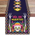 Vibrant chemin de table Dia de Muertos avec tête de mort et motifs mexicains colorés. - Crâne Peint Bleu Foncé (Style 1) / 183x33cm