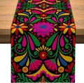 Detalle del vibrante patrón floral mexicano en un camino de mesa negro liso - Estilo-25 (Floral Folclórico Simétrico Mexicano)
