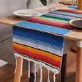 Traditional Mexican rainbow striped woven table runner with white fringe tassels - 35*215cm with Tassels 10*2 - 200g / Mexican Blanket - Lake Blue Series