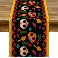 Chemin de table mexicain Jour des Morts avec motifs de têtes de mort et piments colorés - Crâne Motif Traditionnel Noir (Style 4) / 183x33cm