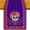 Vista dettagliata del runner da tavola messicano viola Giorno dei Morti con teschio - 33x91cm / Scheletro Viola