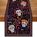 Día de los Muertos Tischläufer mit bunten Zuckerschädeln und Marigold-Motiven auf Schwarz - 183cmx33cm / Schwarze Basis Ethno Zuckerschädel Stil (Style 26)