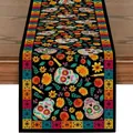 Colorful Mexican Day of the Dead linen table runner featuring vibrant sugar skulls - Table Runner Style 1