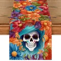 Chemin de table mexicain Jour des Morts avec fleurs colorées et motif de crâne - Crâne Souci Grain de Bois (Style 2) / 183x33cm