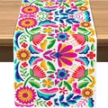 Mexican Fiesta table runner featuring colorful floral and bird patterns on premium white linen - Style 17 / 183x33cm