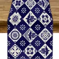Mexican style blue and white tile print linen table runner with bird motifs - Blue White Symmetrical Bird Floral Style (11)