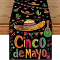 Colorful Cinco de Mayo theme table runner featuring Mexican sombrero and guitar patterns - Cinco de Mayo Black Elements Style (12)