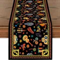 Colorful Mexican Day of the Dead themed linen table runner with sugar skull patterns - Table Runner Style 4