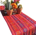 Vue détaillée d'un chemin de table mexicain avec des motifs géométriques floraux colorés - 35*215+10*2 Gland / Rouge