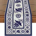 Detail view of Mexican folk art style table runner with blue bird and floral patterns - Beige Blue Hummingbird Style / 183x33cm