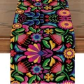 Vibrant Mexican folk art floral pattern on a black linen table runner for festive home decor - Otomi Folk Floral Style (5) / 33*183cm
