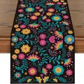 Camino de mesa mexicano Día de los Muertos con estampado de flores sobre negro - Style-6 (Black Symmetric Folk Floral)