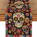 Vibrant sugar skull and floral patterns on black Mexican Day of the Dead themed table runner - Black Multicolor Skull Floral Style / 183x33cm