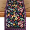 Runner da tavola in lino Giorno dei Morti con teschi di zucchero colorati e motivi floreali - 33x120cm / Viola (Stile 1)