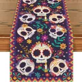 Camino de mesa mexicano del Día de los Muertos con calaveras de azúcar y flores - 33x183cm / Morado Calavera Floral (2)