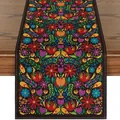 Detailed macro view of vibrant Mexican floral pattern on black linen table runner decor - Multicolor Floral Symmetrical Style (7) / 33*183cm