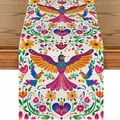 Colorful Mexican folk art linen table runner with Otomi bird and floral patterns - Multicolor Bird Heart Floral Style (17)